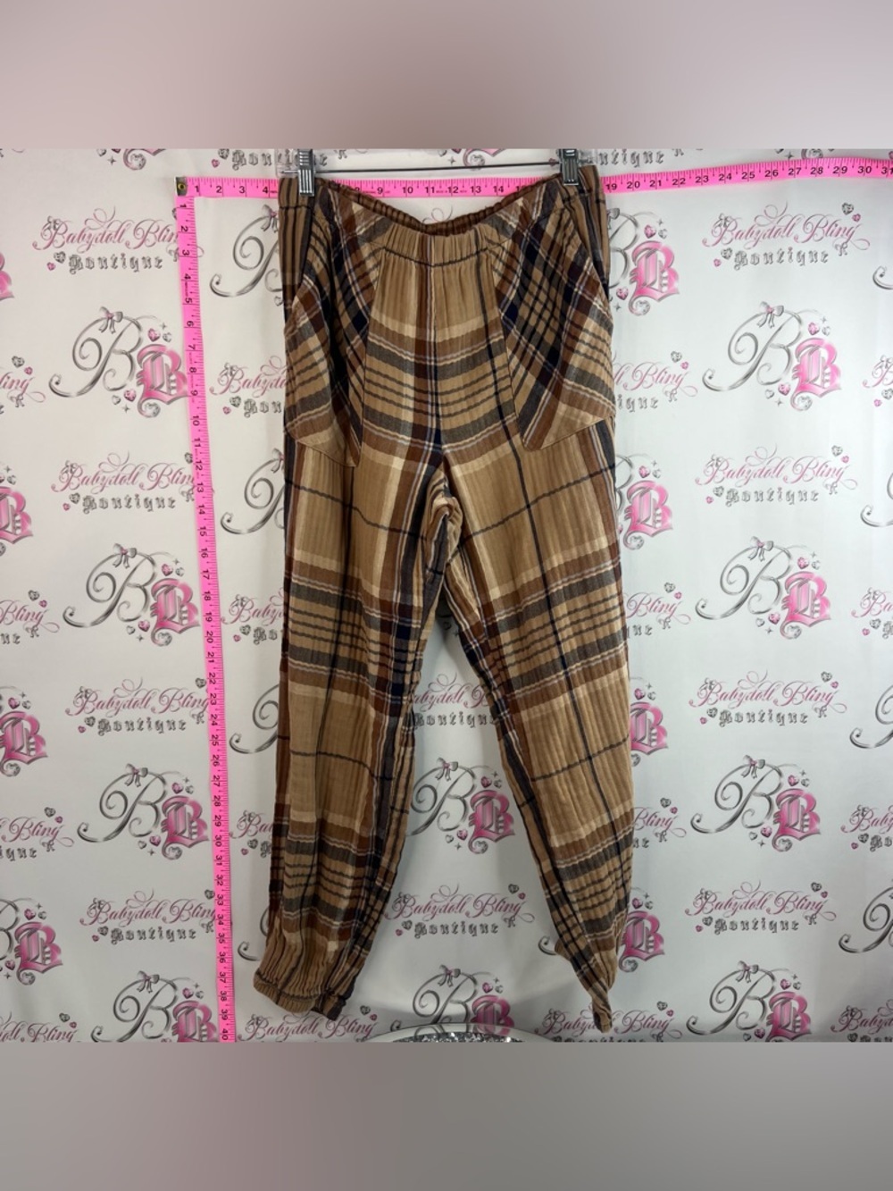 aerie pants joggers checker print light beige Brown Plaid Joggers regular